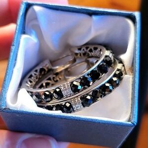 Black Hoop Earrings Studded Crystal Accents Silver Tone Hoop Earrings